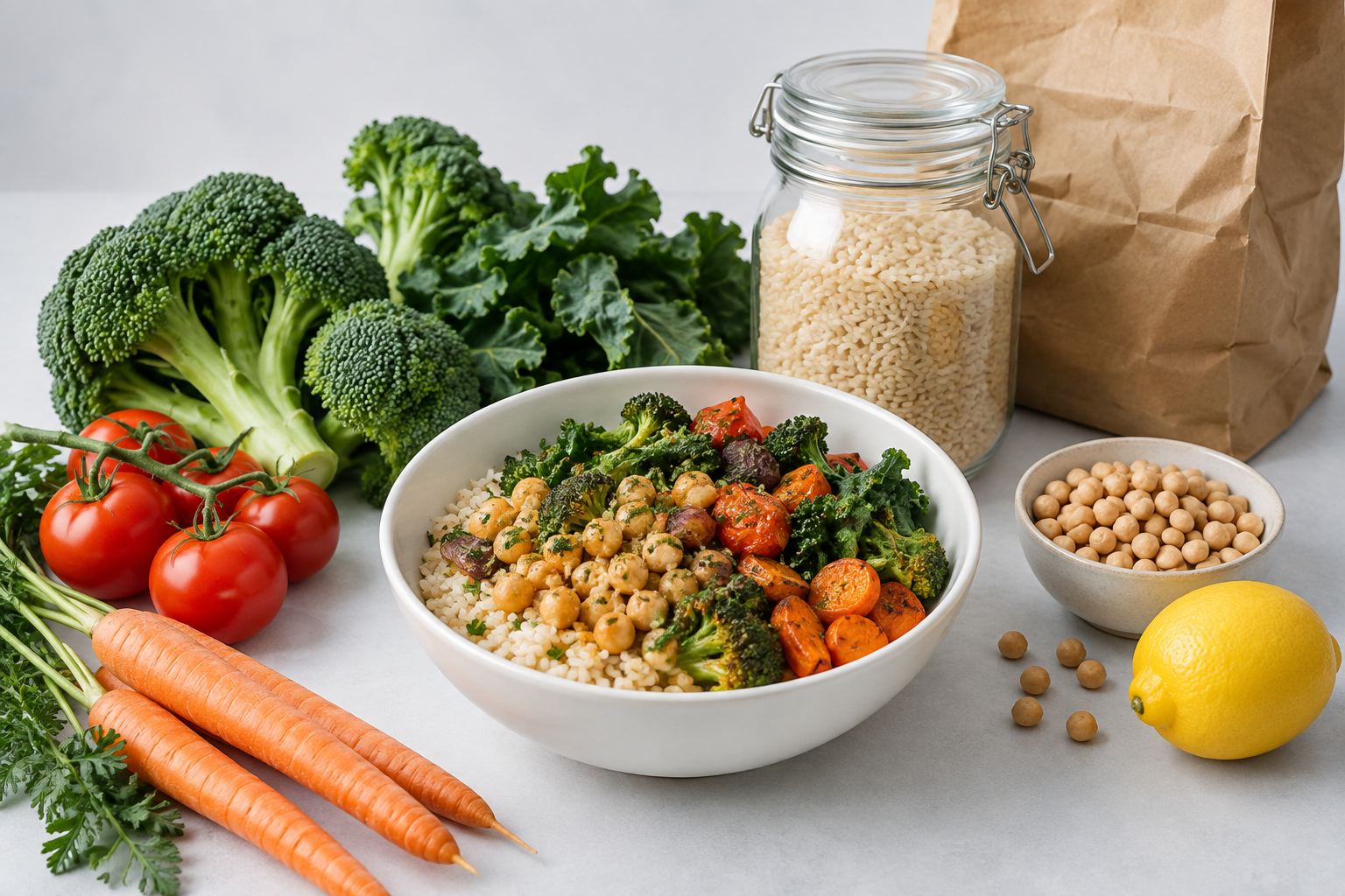 Fresh vegetables and pantry ingredients arranged around a prepared meal
